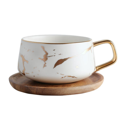 Marble Matte Gold Series Ceramic Tea Cup Coffee Mug With Wooden Lid Or Tray