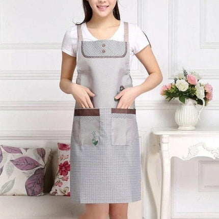 Home Adult Sleeveless Waterproof Grid Anti-oil Aprons with Double Pocket
