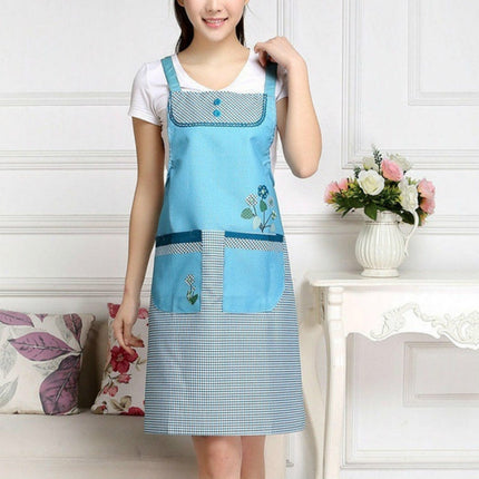 Home Adult Sleeveless Waterproof Grid Anti-oil Aprons with Double Pocket