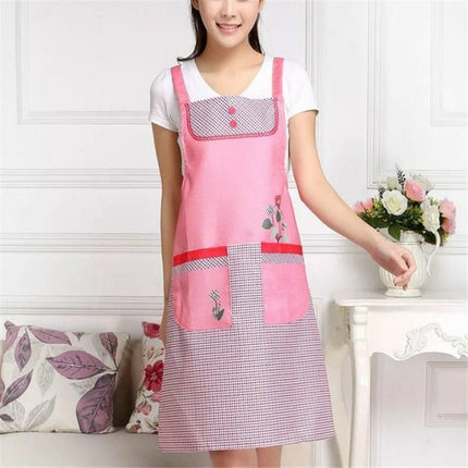 Home Adult Sleeveless Waterproof Grid Anti-oil Aprons with Double Pocket