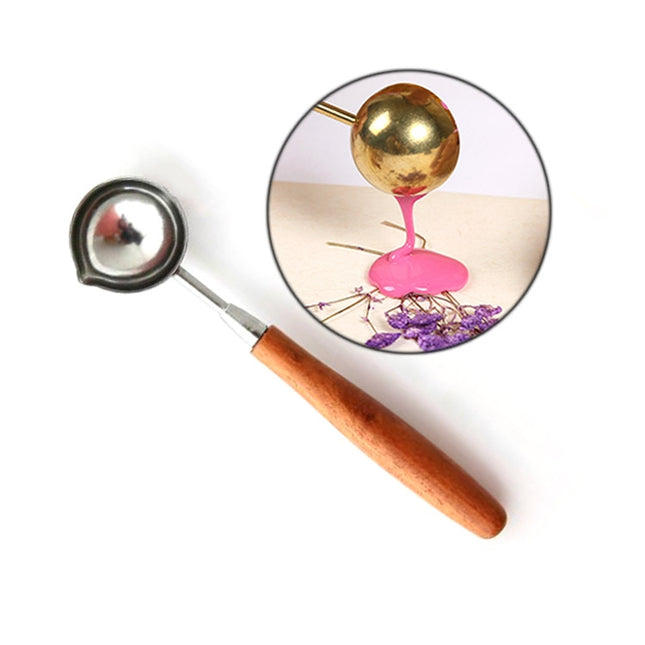 Wooden Handle Brass Seal Wax Spoon Tool Melting Sealing Wax Hand Account Stainless Steel Fire Paint Spoon, Straight Round Wooden Spoon