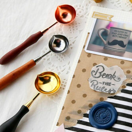 Wooden Handle Brass Seal Wax Spoon Tool Melting Sealing Wax Hand Account Stainless Steel Fire Paint Spoon, Straight Round Wooden Spoon