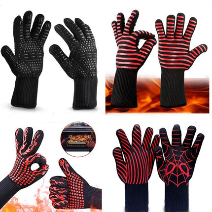 Heat-resistant High Temperature Fire Resistance Cooking Baking Barbecue Grill Gloves, Black ==, Red BBQ, Red Horizontal Stripes, Red Torch