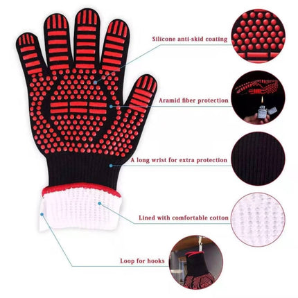 Heat-resistant High Temperature Fire Resistance Cooking Baking Barbecue Grill Gloves, Black ==, Red BBQ, Red Horizontal Stripes, Red Torch