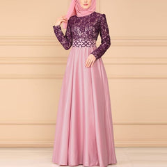 Lace Stitching Retro Large Swing Dress Ethnic Style Long-Sleeved Slim Dress