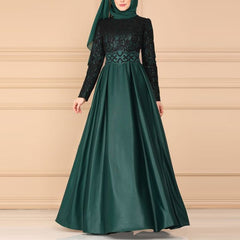 Lace Stitching Retro Large Swing Dress Ethnic Style Long-Sleeved Slim Dress