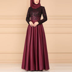 Lace Stitching Retro Large Swing Dress Ethnic Style Long-Sleeved Slim Dress