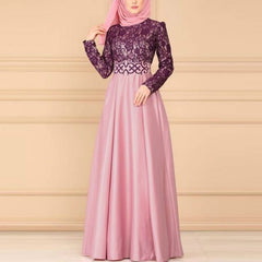 Lace Stitching Retro Large Swing Dress Ethnic Style Long-Sleeved Slim Dress