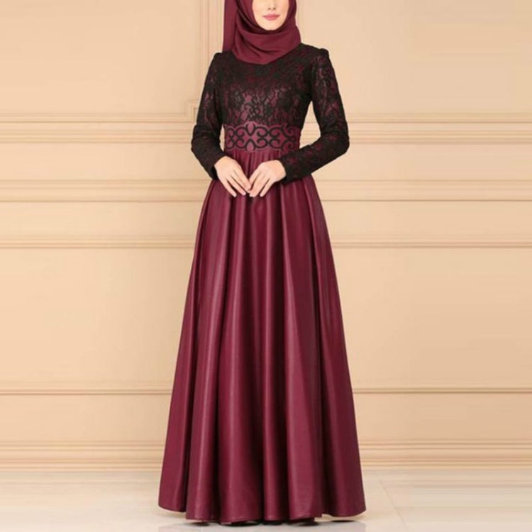 Lace Stitching Retro Large Swing Dress Ethnic Style Long-Sleeved Slim Dress