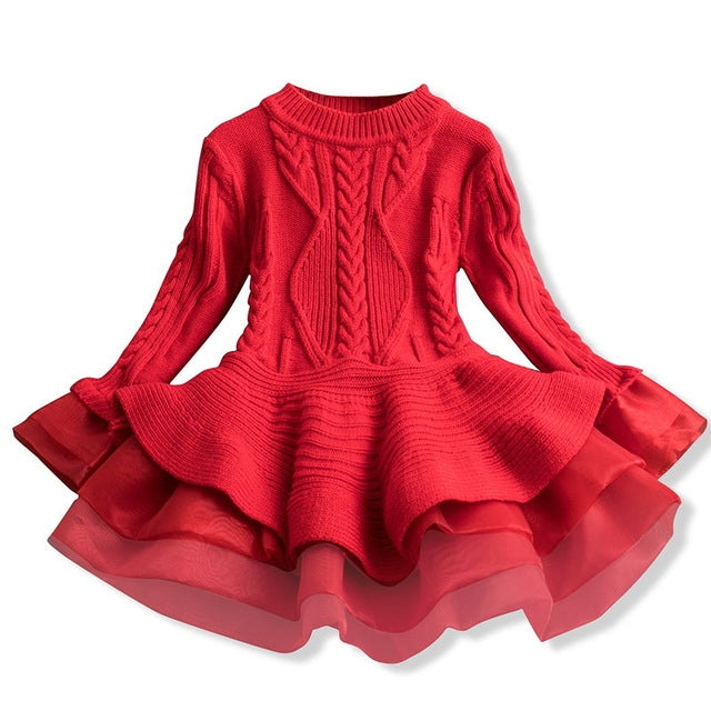 Winter Girls Knit Long Sleeve Sweater Organza Dress Evening Dress, 100cm, 110cm, 120cm, 130cm