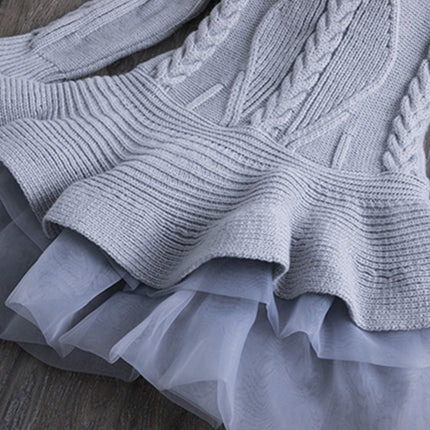 Winter Girls Knit Long Sleeve Sweater Organza Dress Evening Dress, 100cm, 110cm, 120cm, 130cm