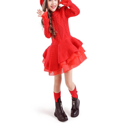 Winter Girls Knit Long Sleeve Sweater Organza Dress Evening Dress, 100cm, 110cm, 120cm, 130cm