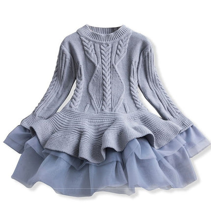 Winter Girls Knit Long Sleeve Sweater Organza Dress Evening Dress, 100cm, 110cm, 120cm, 130cm