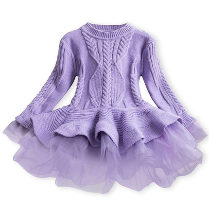 Winter Girls Knit Long Sleeve Sweater Organza Dress Evening Dress, 100cm, 110cm, 120cm, 130cm