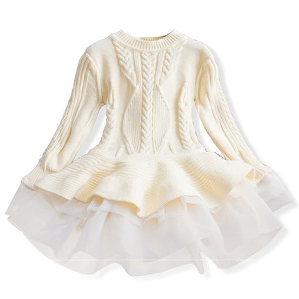 Winter Girls Knit Long Sleeve Sweater Organza Dress Evening Dress, 100cm, 110cm, 120cm, 130cm