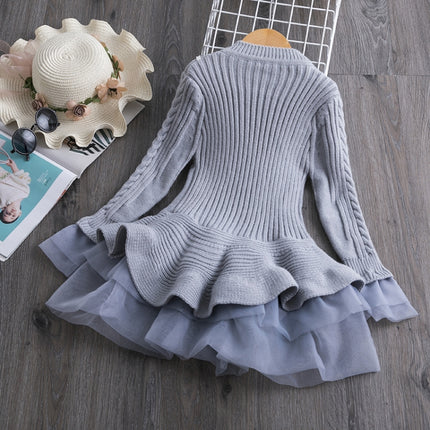 Winter Girls Knit Long Sleeve Sweater Organza Dress Evening Dress, 140cm