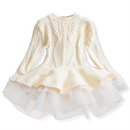 Winter Girls Knit Long Sleeve Sweater Organza Dress Evening Dress, 140cm