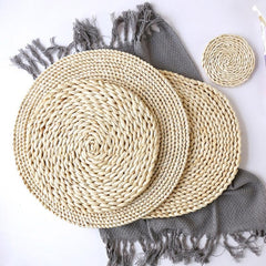 2 PCS Non-slip Natural Corn Woven Thickening Insulated Tea Mat Table Heat-resistant Casserole Mat, Oval placemat 30x45.5cm, Round Coaster 10cm, Round Placemat 22cm, Round Placemat 35cm