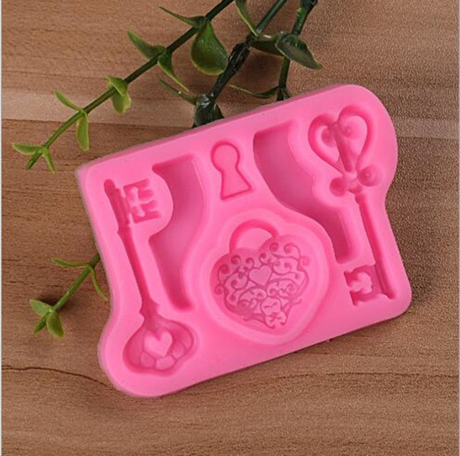 2 PCS Food Love Lock Key Fondant Silicone Mold DIY Baking Cake Decoration Tool, Food Love Lock Key Shape