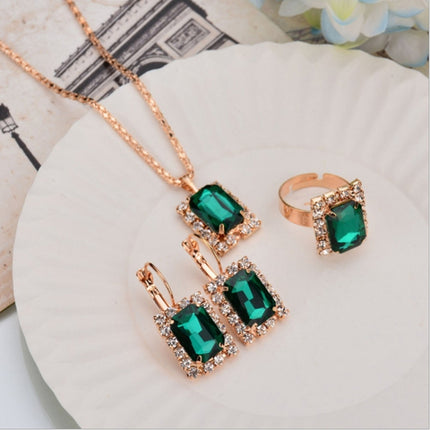 Square Crystal Necklace Earrings Ring For Women Jewelry Sets, Red, Green, Black, White, Royal Blue, Lake Blue