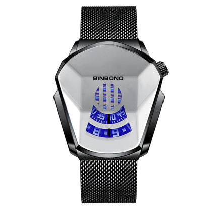 BINBOND Locomotive Concept Watch Men Live Black Technology Watch, Gold Net Belt Full Gold Blue Face, Gold Net Belt Full Gold Gold Face, Black Net Belt Black Steel Blue Face, Black Net Belt Black Steel White Face, White Net Belt White Steel Blue Face   ...