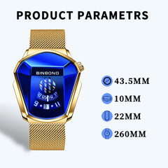 BINBOND Locomotive Concept Watch Men Live Black Technology Watch, Gold Net Belt Full Gold Blue Face, Gold Net Belt Full Gold Gold Face, Black Net Belt Black Steel Blue Face, Black Net Belt Black Steel White Face, White Net Belt White Steel Blue Face���...