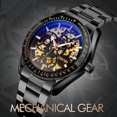 SKMEI 9194 Men Automatic Skeleton Mechanical Steel Band Watch, Black, Silver, Golden Black Face, Rose Gold, Golden Gold Face