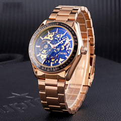 SKMEI 9194 Men Automatic Skeleton Mechanical Steel Band Watch, Black, Silver, Golden Black Face, Rose Gold, Golden Gold Face