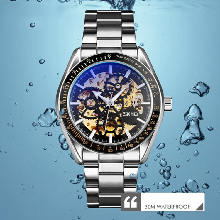 SKMEI 9194 Men Automatic Skeleton Mechanical Steel Band Watch, Black, Silver, Golden Black Face, Rose Gold, Golden Gold Face