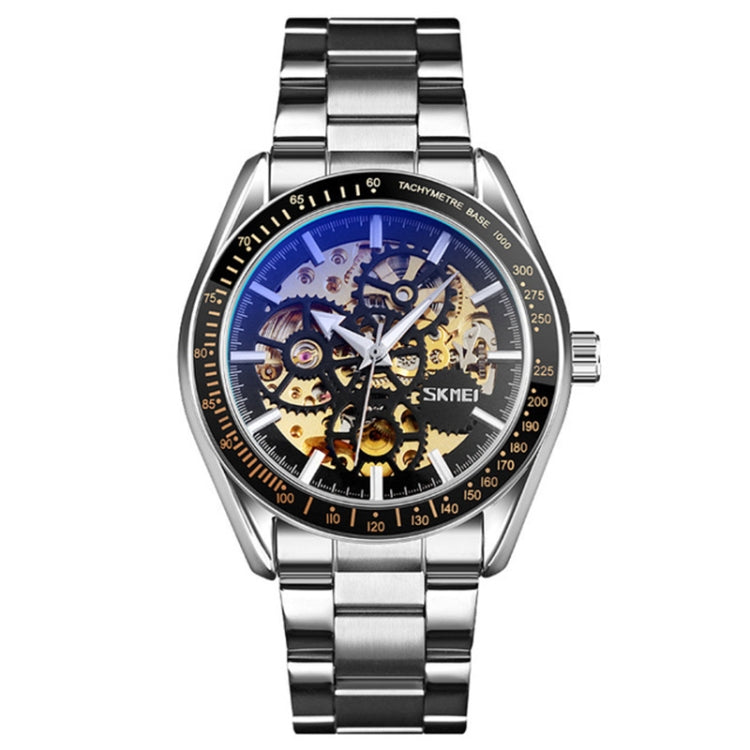 SKMEI 9194 Men Automatic Skeleton Mechanical Steel Band Watch, Black, Silver, Golden Black Face, Rose Gold, Golden Gold Face