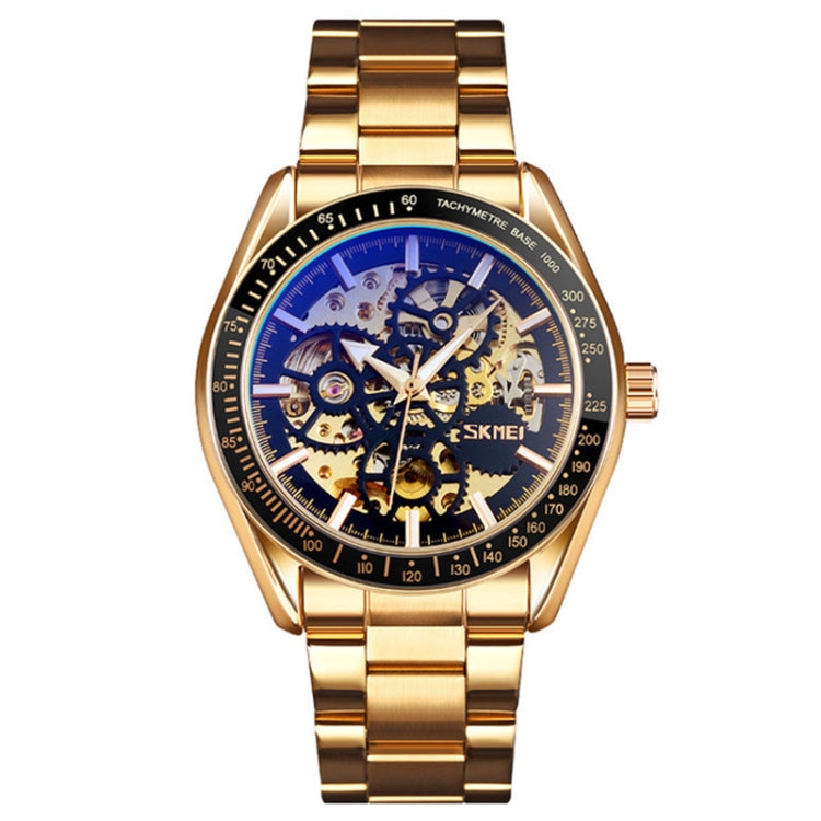 SKMEI 9194 Men Automatic Skeleton Mechanical Steel Band Watch, Black, Silver, Golden Black Face, Rose Gold, Golden Gold Face