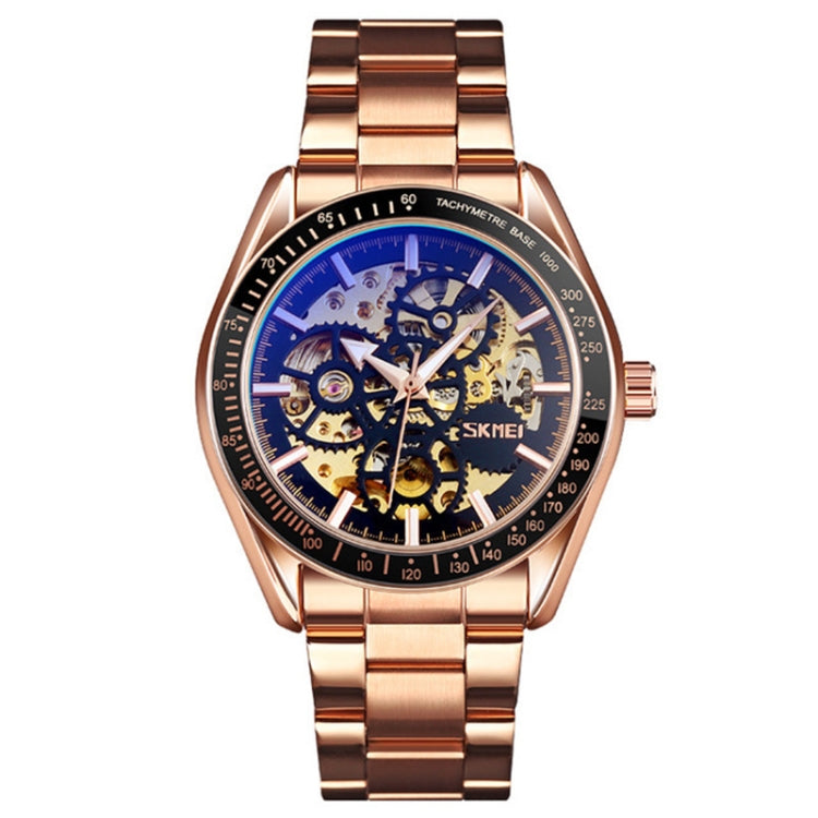 SKMEI 9194 Men Automatic Skeleton Mechanical Steel Band Watch, Black, Silver, Golden Black Face, Rose Gold, Golden Gold Face