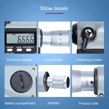 Digital Display Outer Diameter Micrometer 0.001mm High Precision Electronic Spiral Micrometer Thickness Gauge, 0-25mm, 25-50mm, 50-75mm, 75-100mm