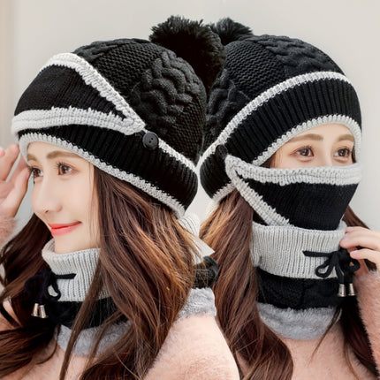 3 In 1 Female Winter Two-color Warm Woolen Cap Mask and Scarf, Free Size