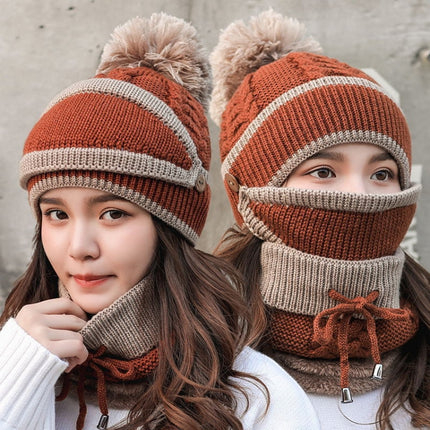 3 In 1 Female Winter Two-color Warm Woolen Cap Mask and Scarf, Free Size