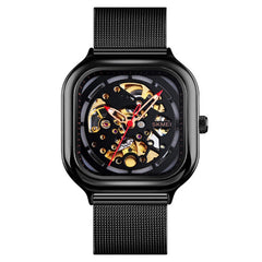 SKMEI 9184 Men Automatic Mechanical Watch Mesh with Hollow Square Tourbillon Student Watch, Black, Gold, Rose Gold