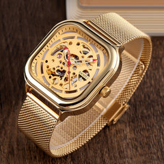 SKMEI 9184 Men Automatic Mechanical Watch Mesh with Hollow Square Tourbillon Student Watch, Black, Gold, Rose Gold