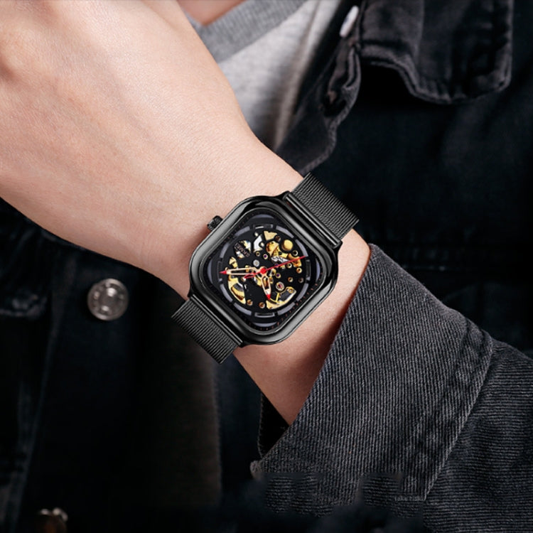 SKMEI 9184 Men Automatic Mechanical Watch Mesh with Hollow Square Tourbillon Student Watch, Black, Gold, Rose Gold