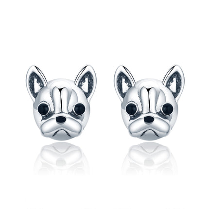 S925 Sterling Silver Animal Earrings Bulldog Plain Silver Earrings