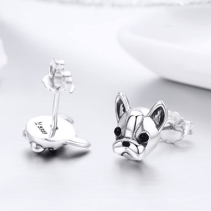 S925 Sterling Silver Animal Earrings Bulldog Plain Silver Earrings