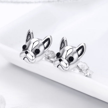 S925 Sterling Silver Animal Earrings Bulldog Plain Silver Earrings