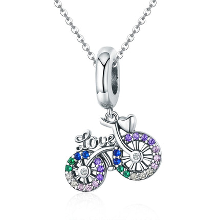S925 Sterling Silver Bicycle Pendant Color Inlaid Zircon Beads DIY Bracelet Charm Accessories, Pendant, Pendant + Bare Chain