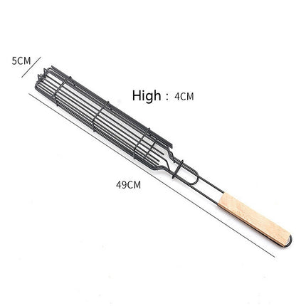 2 PCS Hot Dog Barbecue Cage Sausage Barbecue Clip Barbecue Clip Mesh Wooden Handle Barbecue Mesh Rack, Wood color, Red