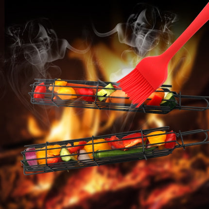 2 PCS Hot Dog Barbecue Cage Sausage Barbecue Clip Barbecue Clip Mesh Wooden Handle Barbecue Mesh Rack, Wood color, Red