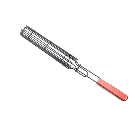 2 PCS Hot Dog Barbecue Cage Sausage Barbecue Clip Barbecue Clip Mesh Wooden Handle Barbecue Mesh Rack, Wood color, Red