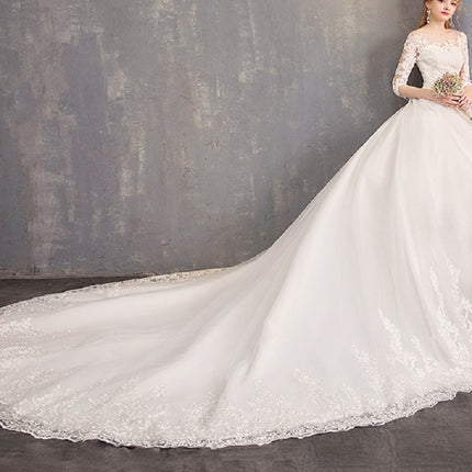 Off Shoulder Half Sleeved Lace Trailing Slimming Wedding Dress