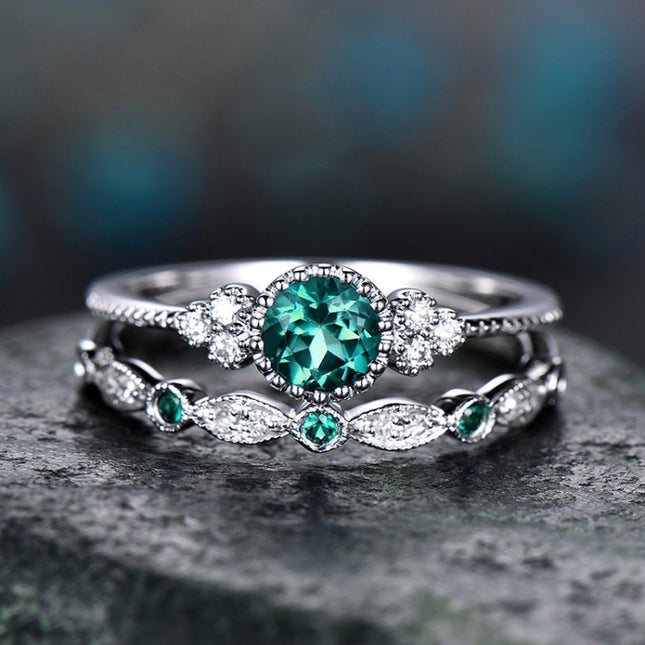 2 PCS/Set Women Fashion Zircon Gemstone Ring, 9, 10