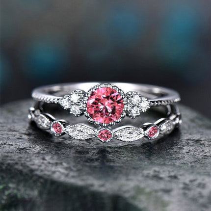 2 PCS/Set Women Fashion Zircon Gemstone Ring, 9, 10