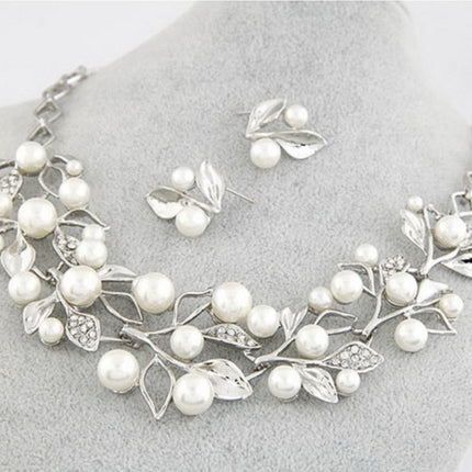 Leaf Crystal Simulated Pearl Wedding Jewelry Necklaces Earrings Sets, Gold, Silver