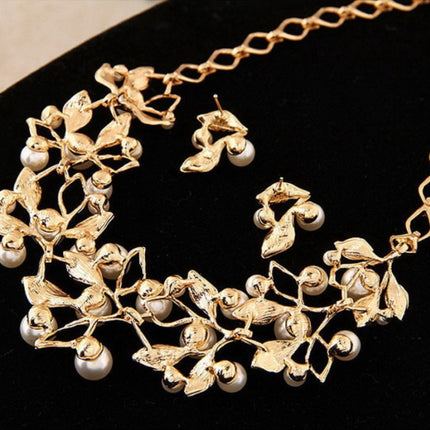 Leaf Crystal Simulated Pearl Wedding Jewelry Necklaces Earrings Sets, Gold, Silver